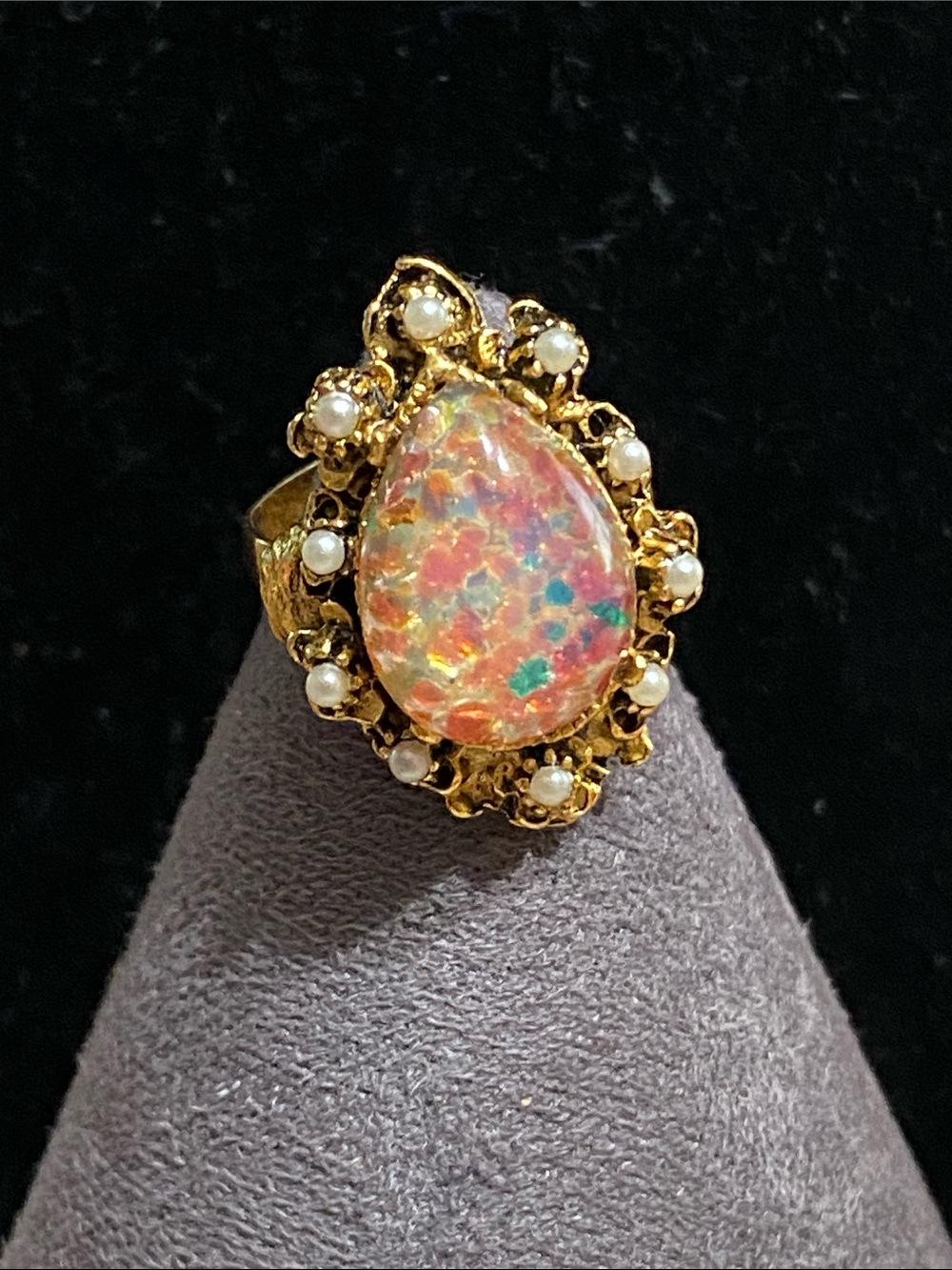 Vintage Gold Teardrop Aurora Opal Ring with Pearl Accents